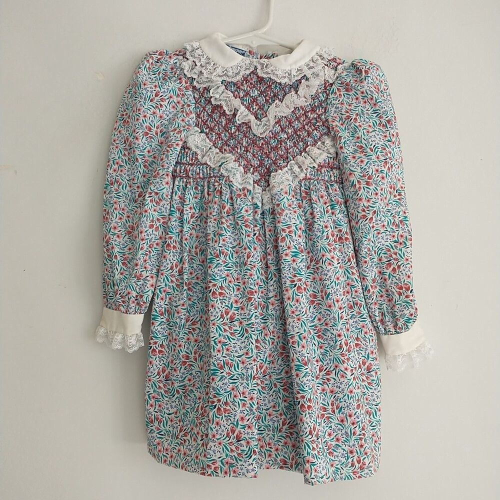 Vtg POLLY FLINDERS Dress Girl 4 Floral Smocked Lace Ruffle Long Sleeve Peter Pan